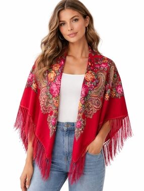 Russian UkrainianRed Floral Paisley Fringe Shawl Scarf Boho Statement Wrap New